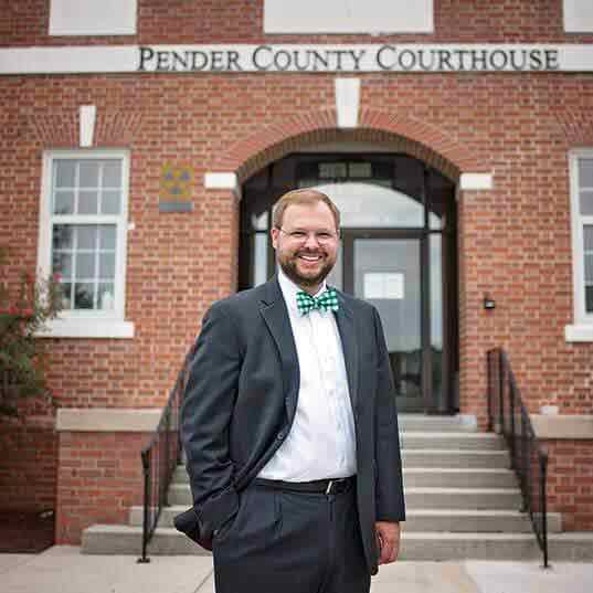 Attorney Zachary Rivenbark in front of Pender County Courthouse